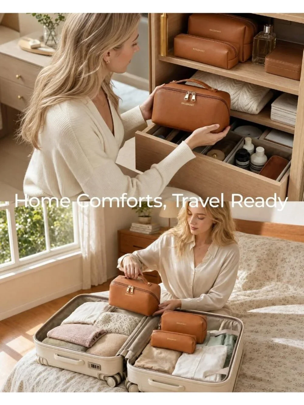 Travel Makeup Bag Set - 3 Pcs Cosmetic & Toiletry Organizer, Classic Brown